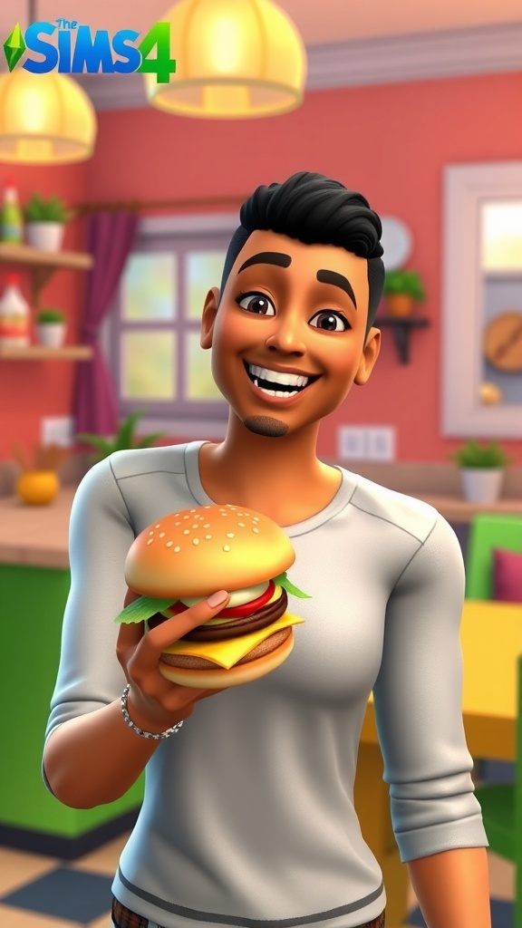A Sim in The Sims 4 posing with a hamburger in a colorful kitchen.